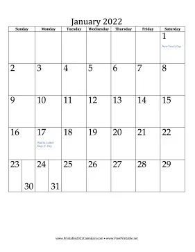 January 2022 Calendar (vertical) Calendar