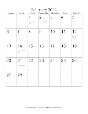 February 2022 Calendar Vertical Printable February 2022 Calendar (Vertical)