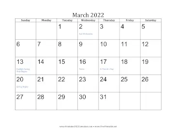 March 2022 Calendar Calendar