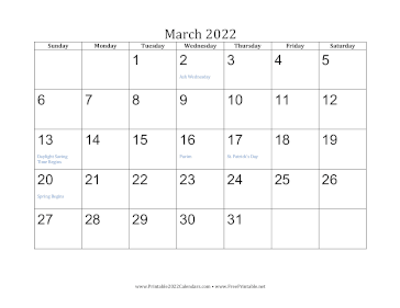 March 2022 Calendar Calendar