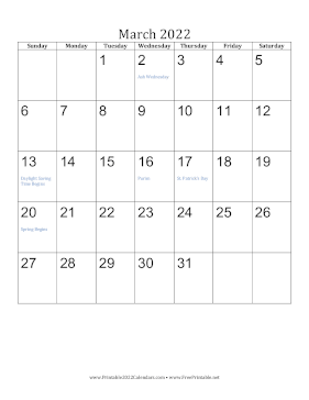 March 2022 Calendar (vertical) Calendar