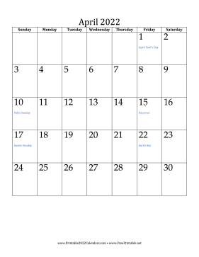 Printable April 2022 Calendar (vertical)