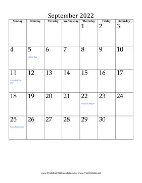 September 2022 Calendar (vertical) Calendar
