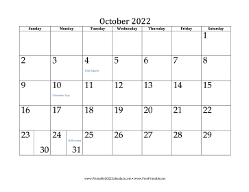 october 2022 calendar printable