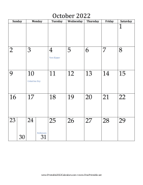 October 2022 Calendar (vertical) Calendar