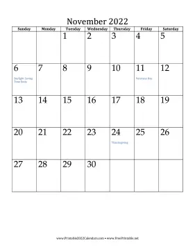 November 2022 Calendar (vertical) Calendar
