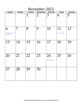 November 2022 Calendar (vertical) Calendar