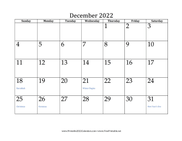 December 2022 Calendar Calendar