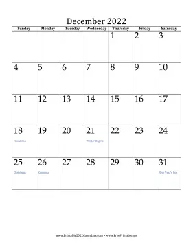 December 2022 Calendar (vertical) Calendar