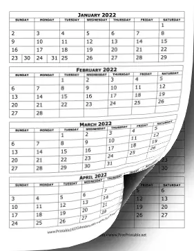 Four Month Calendar 2022 Printable 2022 Calendar Four Months Per Page