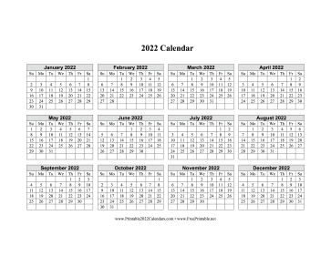 2022 Calendar One Page Horizontal Grid Calendar