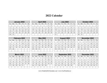 2022 Calendar One Page Horizontal Grid Descending Calendar