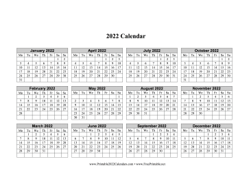 2022 Calendar One Page Horizontal Grid Descending Monday Start Calendar