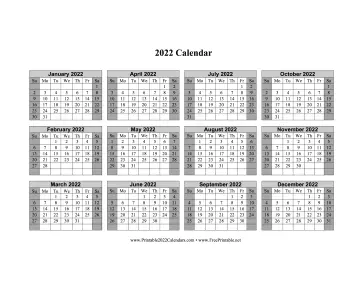 2022 Calendar One Page Horizontal Grid Descending Shaded Weekends Calendar