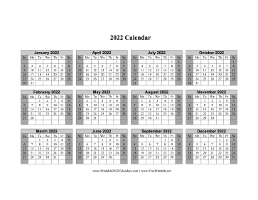 2022 Calendar One Page Horizontal Grid Descending Shaded Weekends Calendar