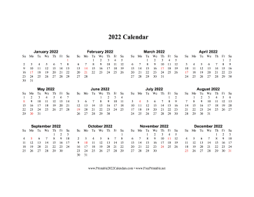 2022 Calendar One Page Horizontal Holidays In Red Calendar