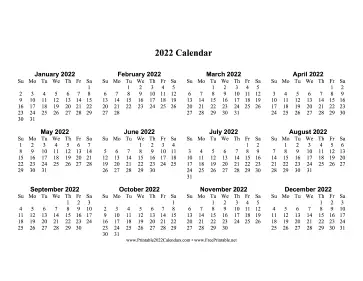Printable 2022 Calendar One Page Large Horizontal