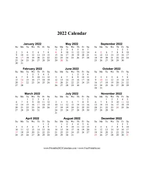 2022 Calendar One Page Vertical Descending Holidays in Red Calendar