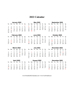 2022 Calendar One Page Vertical Descending Holidays in Red Calendar