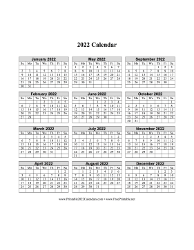 2022 Calendar One Page Vertical Grid Descending Calendar