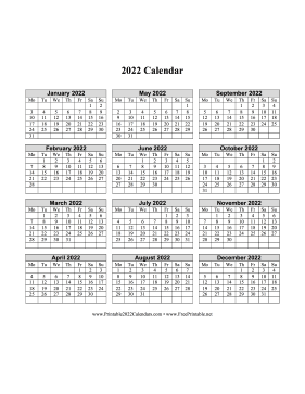 2022 Calendar One Page Vertical Grid Descending Monday Start Calendar