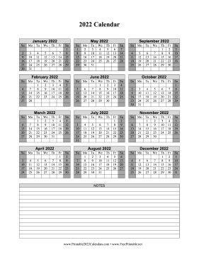 2022 Calendar One Page Vertical Grid Descending Shaded Weekends Notes Calendar