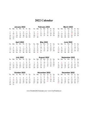 2022 Calendar One Page Vertical Holidays in Red Calendar