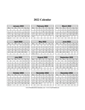 2022 Calendar One Page Vertical Monday Start Calendar