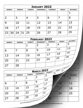 2022 Calendar Three Months Per Page Calendar