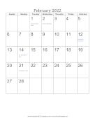 February 2022 Calendar (vertical) calendar