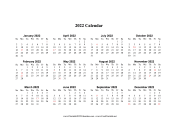 2022 Calendar One Page Horizontal Descending Holidays In Red calendar