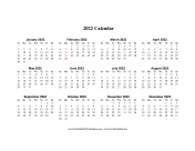 2022 on one page (horizontal holidays in red)