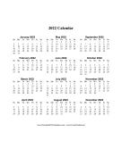 2022 Calendar One Page Vertical Descending Holidays in Red calendar