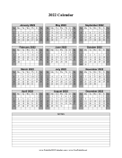 2022 Calendar One Page Vertical Grid Descending Shaded Weekends Notes calendar