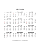 2022 on one page (vertical holidays in red)